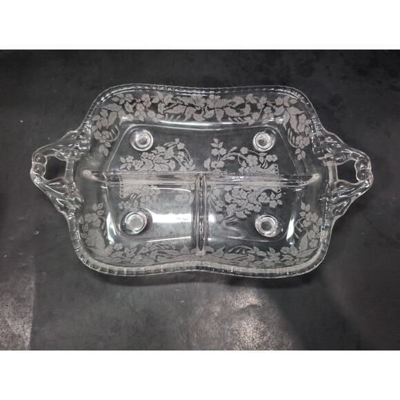 Fostoria Etched Glass Divided Relish‎ Dish, Basket Floral Design, 3-Part Serving - Picture 2 of 10